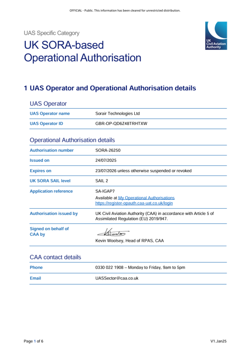Evidence of approval from the CAA for Sorair Technologies